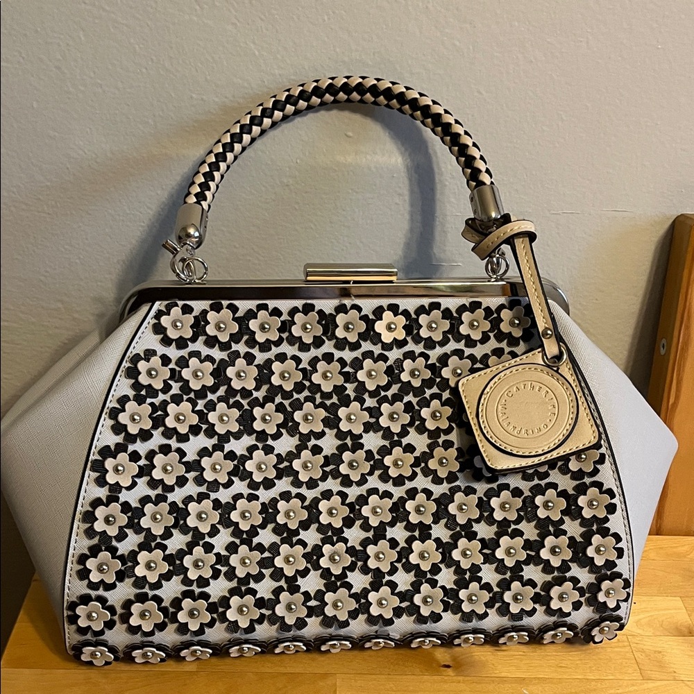 Catherine Malandrino White and Black Floral Appliqué Satchel